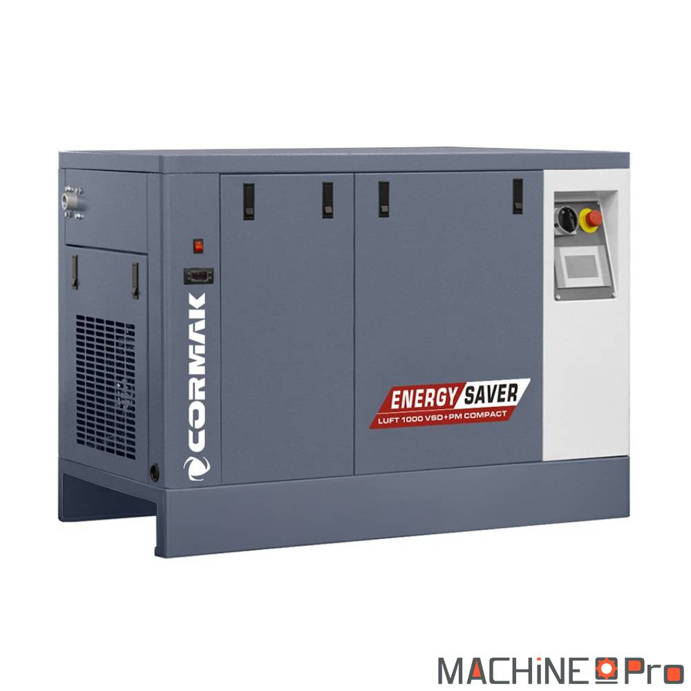 Compresseur à vis LUFT 1000 VSDPM COMPACT Cormak vue trois quarts châssis insonorisé sans cuve avec sécheur N10S