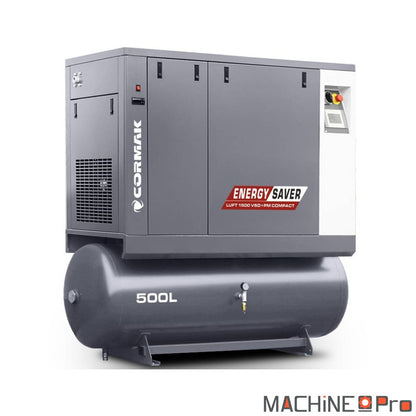 Compresseur à vis CORMAK LUFT 1500 VSDPM Compact 11 kW avec sécheur N10S intégré et cuve 500 L vue d'ensemble face avant carrosserie insonorisée Energy Saver