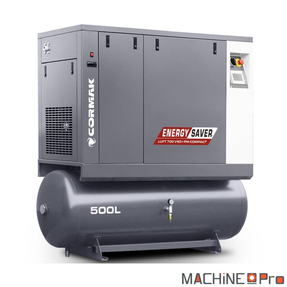 Compresseur a vis LUFT 700 VSDPM Cormak vue trois quarts chassis insonorise avec cuve 500 L integree et secheur N10S