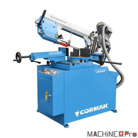 Scie à ruban manuelle CORMAK S-200R vue trois quarts avec archet en position haute