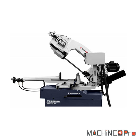 Scie à ruban CORMAK BS-370H panneau de commande hydraulique et arrêt d'urgence