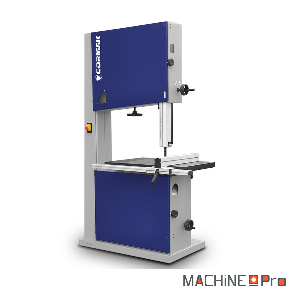Scie à ruban verticale CORMAK HBS700 400V vue trois quarts avec table fonte inclinable