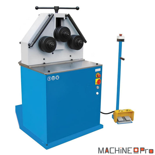 Cintreuse 3 galets METALPRO RBM 40 HV vue d’ensemble, moteur 1.5 kW 400 V tri et pédalier de commande