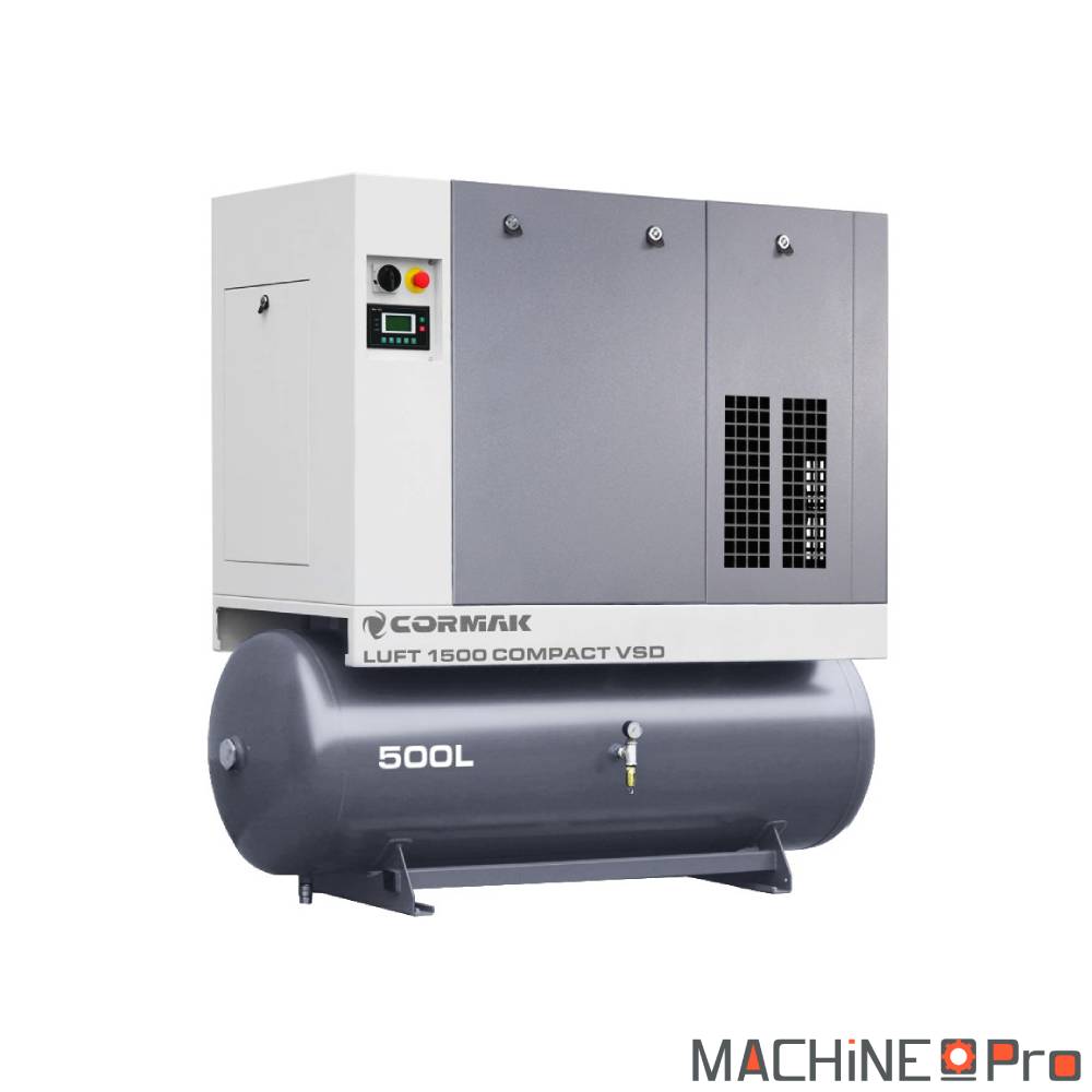 Compresseur à vis Cormak LUFT 1500 COMPACT VSD avec sécheur N10S et cuve 500 L vue ensemble atelier