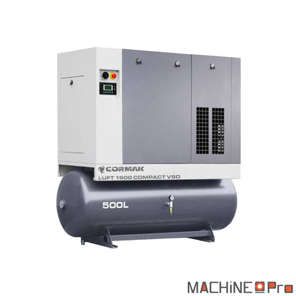 Compresseur à vis Cormak LUFT 1500 COMPACT VSD avec sécheur N10S et cuve 500 L vue ensemble atelier