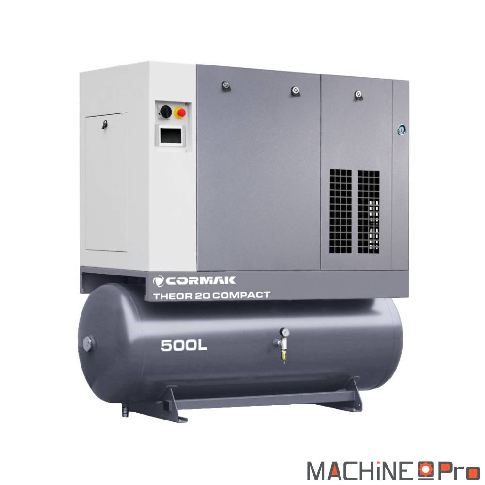 Compresseur à vis silencieux Cormak THEOR 20 COMPACT INVERTER 15 kW vue d'ensemble avec sécheur N20S et cuve verticale 500 l