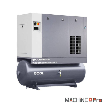 Compresseur à vis silencieux Cormak THEOR 20 COMPACT INVERTER 15 kW vue d'ensemble avec sécheur N20S et cuve verticale 500 l
