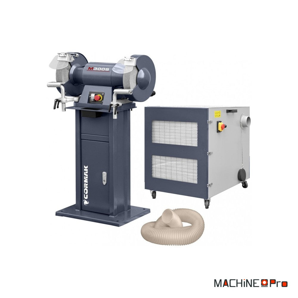 Touret à meuler industriel à double disque CORMAK M300S + aspiration pour copeaux métalliques MDC1500-1