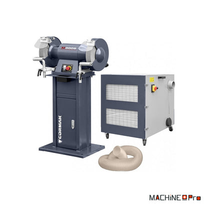 Touret à meuler industriel à double disque CORMAK M300S + aspiration pour copeaux métalliques MDC1500-1