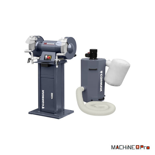 Touret à meuler industriel à double disque CORMAK M300S + aspiration pour copeaux métalliques MDC750-2